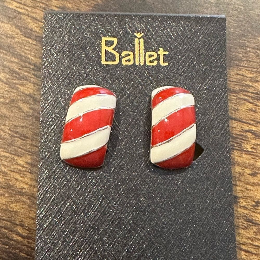 Ballet clip on earrings red white stripes